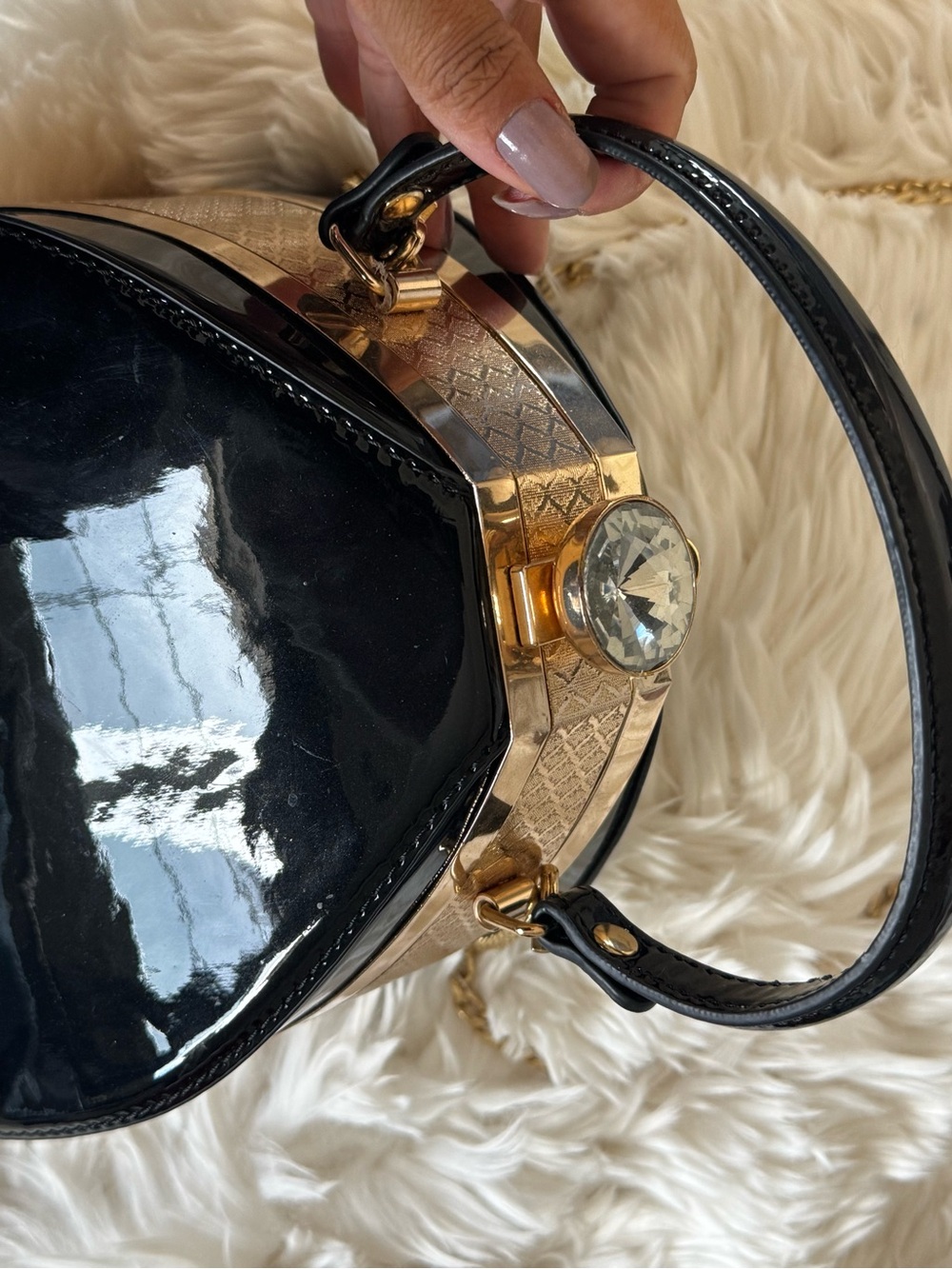 Black Patent and Gold Crystal-Accent Evening Clutch